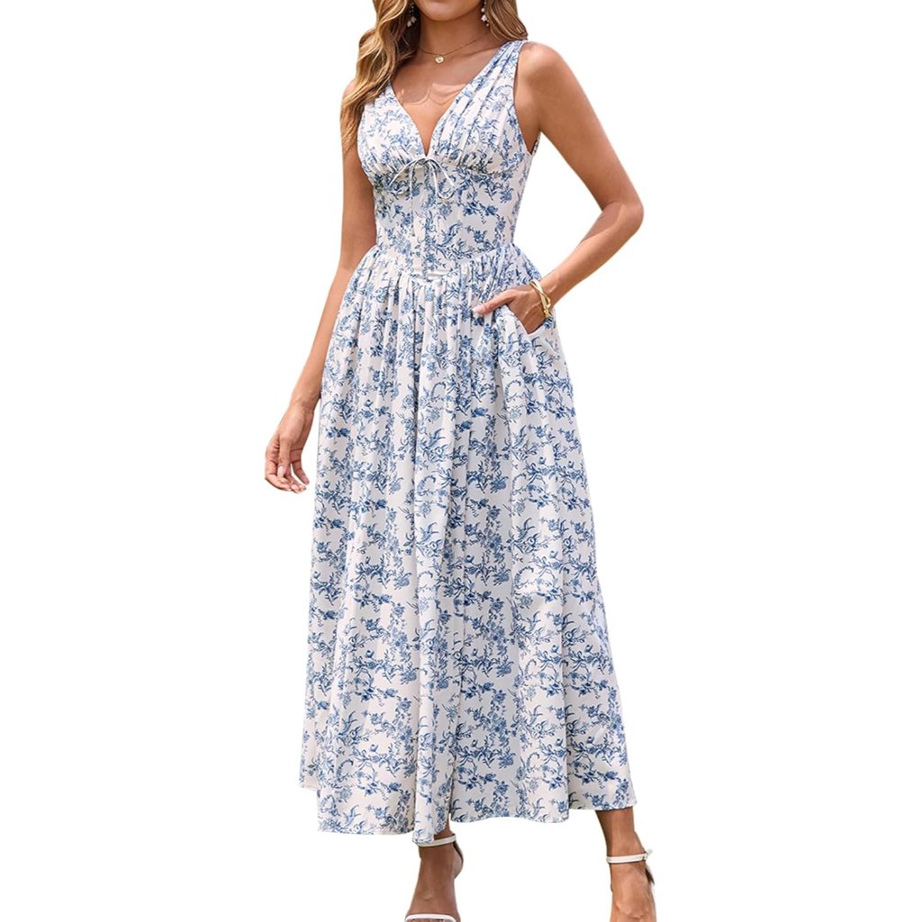 Women's Summer Corset Midi Milkmaid Dress Casual V Neck Flowy A Line Sundress We